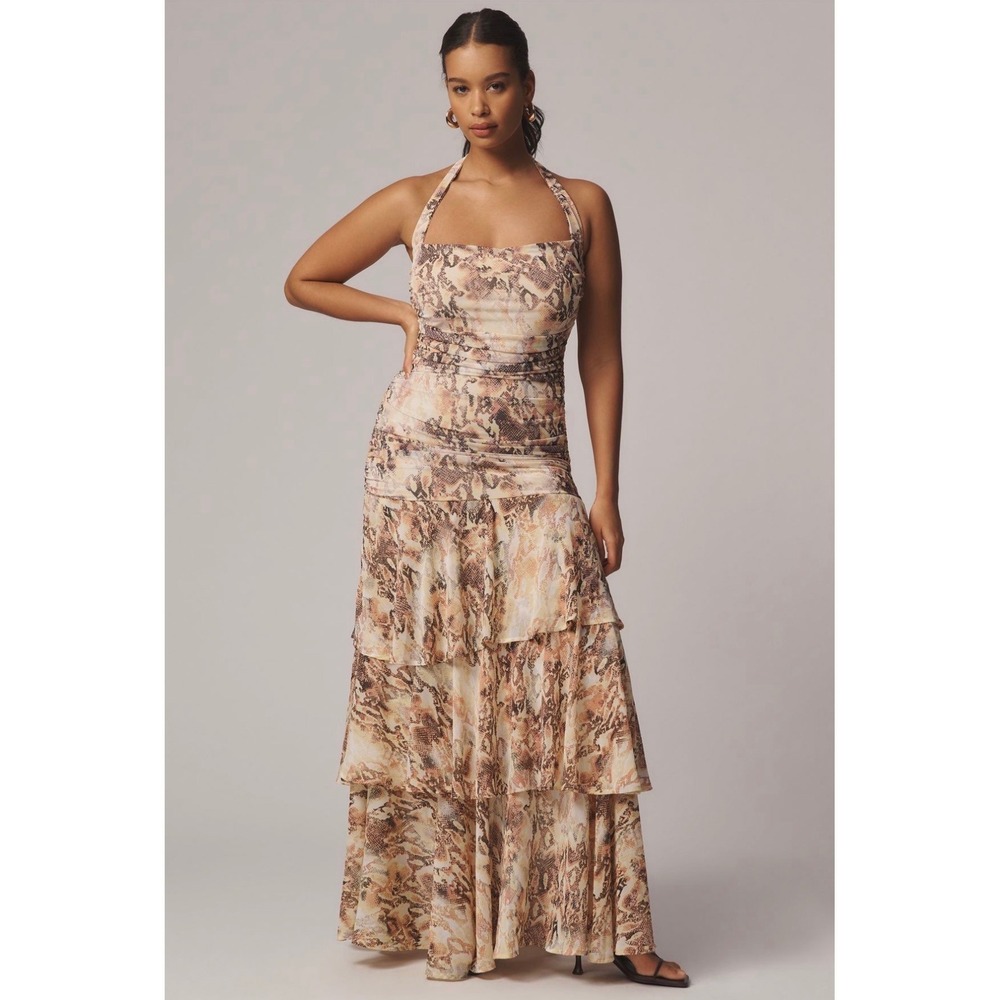 AFRM | Tiered Midi Dress Women 1X Snakeskin Ruched Halter Anthropologie Plus